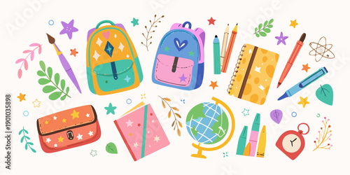 Colorful school supplies and backpacks arranged in a playful illustrative composition