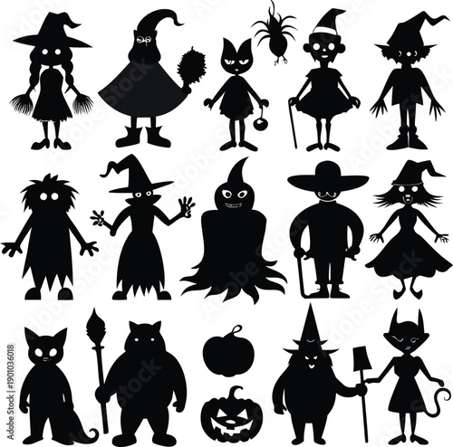 A playful collection of spooky halloween-themed silhouettes featuring witches, ghosts, cats, and classic symbols