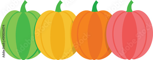 Vibrant gradient pumpkins showcasing a colorful autumnal design with smooth ribbed textures in green, yellow, orange, and red
