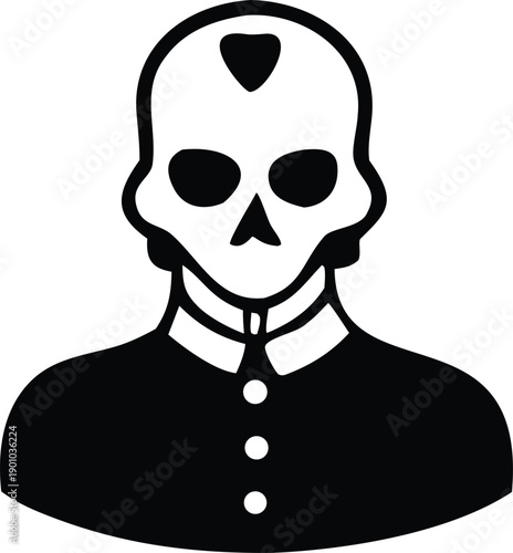 A striking black and white silhouette of a skull wearing a clerical collar symbolizing mystery and the macabre