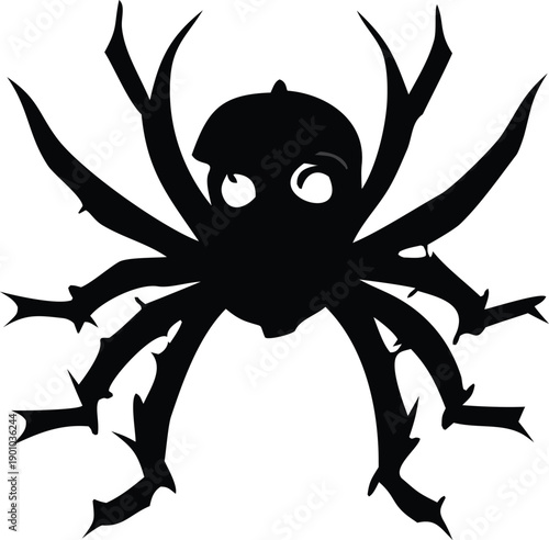 A stylized black and white spider illustration with a human-like face and a cap for a playful and eerie aesthetic