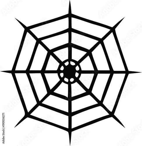 Intricate black and white illustration of a spider web with geometric precision and detailed spokes