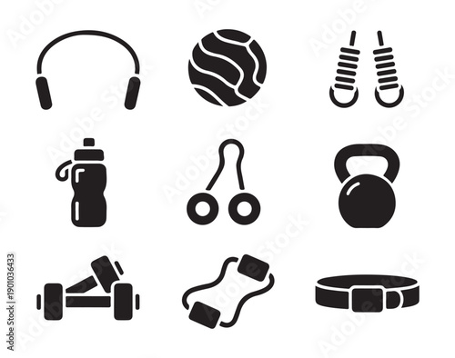 Fitness equipment and accessories for workout, gym and home training, solid icons