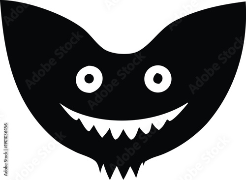 A playful black and white cartoon depiction of a smiling, toothy monster with large eyes and a mischievous grin