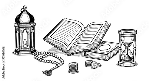Islamic Ramadan Background Line Art with Holy Quran, Arabic Lantern, Prayer Beads, Hourglass and Zakat Coins. Hand Drawn Religious Concept for Eid and Ramadan Mubarak