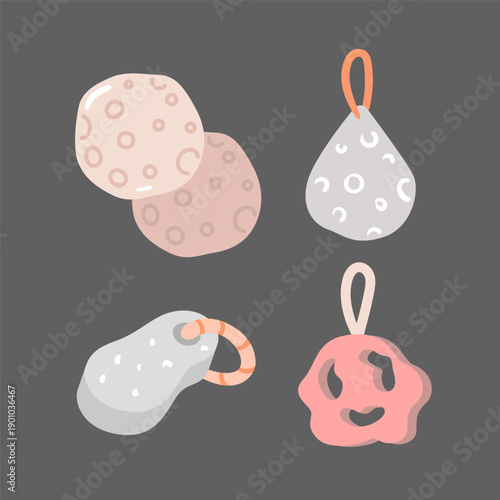 Soft pumice stones and textured sponges for gentle skin exfoliation. A clean vector set for beauty routines and natural spa skincare products.