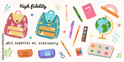 Colorful school supplies and stationery items arranged in a playful composition