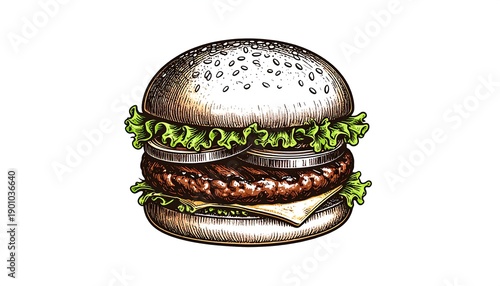 Detailed sketch of a seeded bun burger with lettuce, onion, cheese, and juicy patty