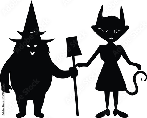 A whimsical black-and-white illustration featuring a witch and a feline witch companion holding a small sign