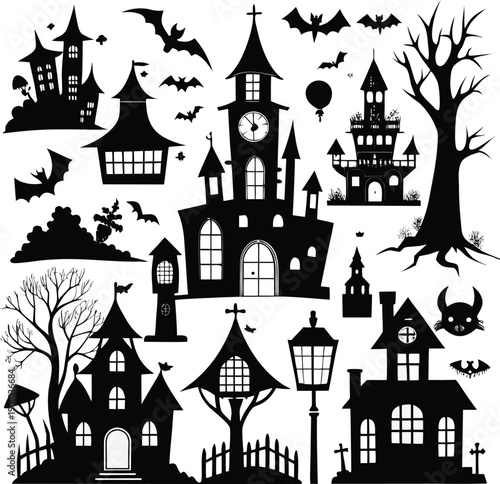 A collection of spooky and eerie black-and-white silhouettes featuring haunted houses, gothic architecture, and halloween symbols
