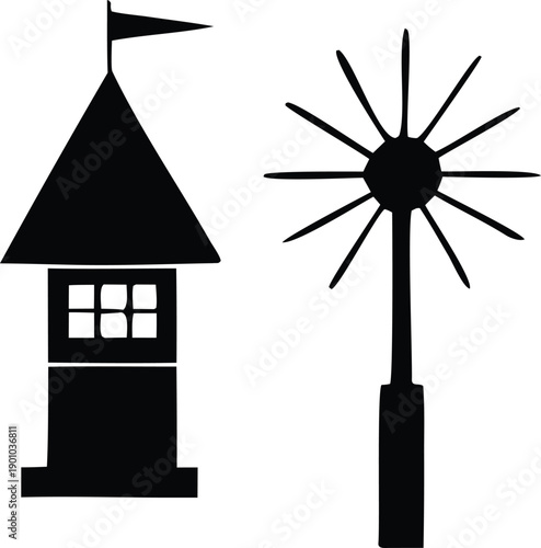 A classic silhouette illustration featuring a lighthouse with a traditional design and a decorative sunburst pattern