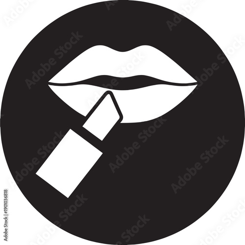 Lips lipstick icon in black and white flat silhouette style, cosmetic makeup symbol for beauty salon, fashion branding, UI button, app pictogram, isolated design