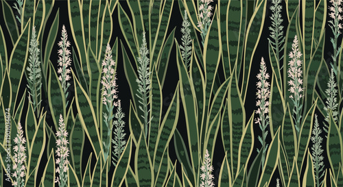 Elegant seamless pattern of lush, vertical sansevieria or snake plant leaves and white flower spikes creating a dense botanical texture on a dark background.