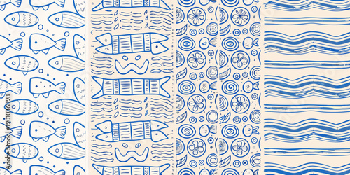 Blue and white patterned fabric with fish and wave motifs