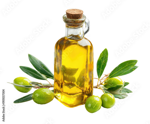 A glass bottle of golden liquid, encircled by green olives and olive branches
