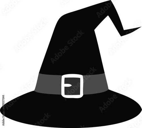 A classic black witch’s hat with a pointed top and a distinctive button near the brim