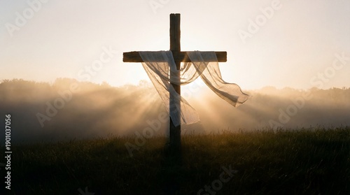 Happy Easter, silhouette of a rustic wooden cross draped with translucent white linen fabric. 