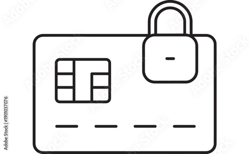 Credit card security icon with padlock and chip, outline line art symbol for secure payment, online banking protection, data privacy, fintech and ecommerce