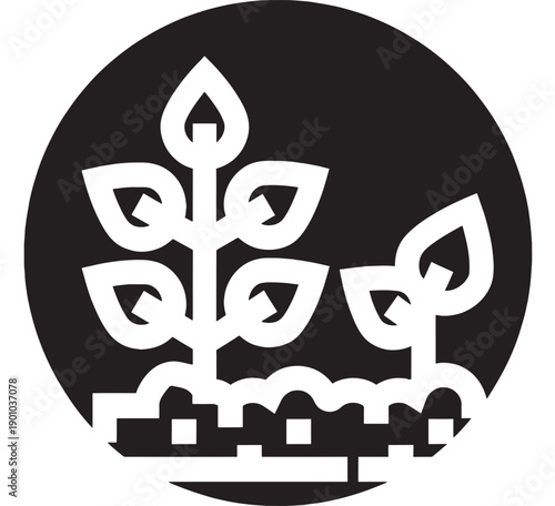 Plant garden icon with leaves and small tree growing from soil, bold black circle badge, flat minimal silhouette symbol for ecology, nature care and farming apps