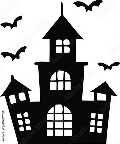 A striking black and white silhouette of a haunted castle surrounded by flying bats for halloween decoration