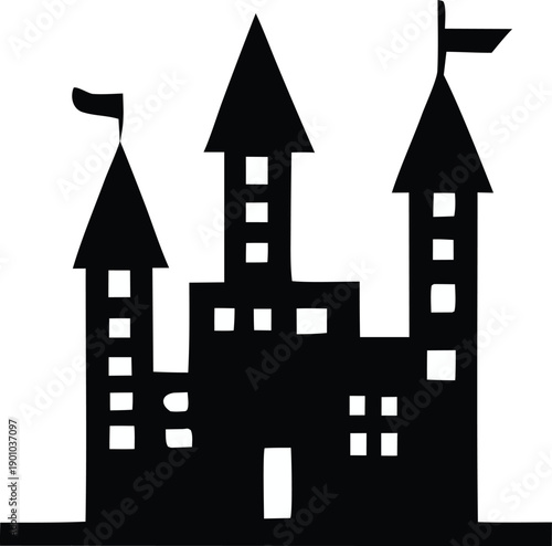 A striking black and white silhouette of a medieval castle with three iconic towers and battlements
