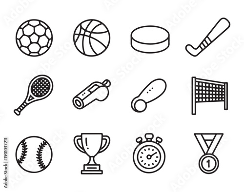 Sports icons including balls, rackets, whistle, trophy, medal, net, stopwatch, baseball bat, puck