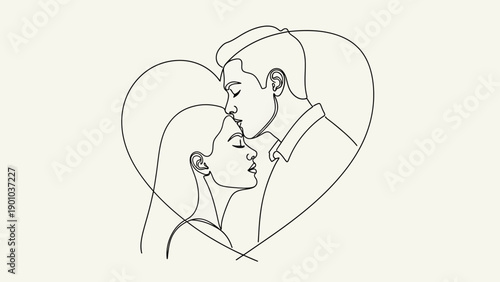 Loving couple kissing in heart shape line art