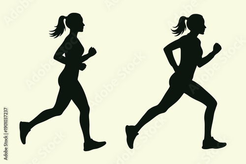 This minimalist illustration features two black silhouettes of women running in profile against a light, off-white background. The figure on the left displays an upright jogging stride.