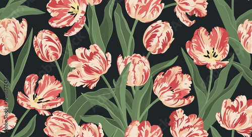 Lush seamless floral pattern of beautifully detailed parrot tulips in shades of red and cream with rich green leaves on a dark background.