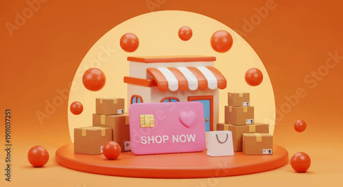 3D rendering of an online shopping storefront with credit card and packages.