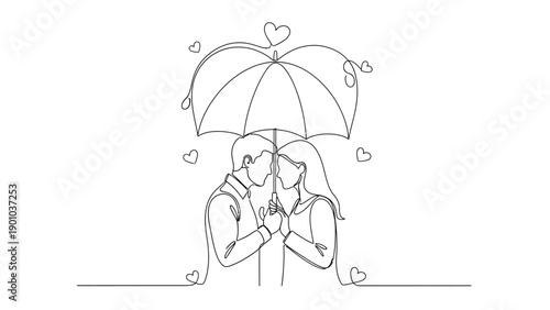 Loving couple kissing under heart shaped umbrella