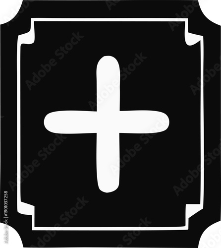 A classic cross symbol displayed within a framed border resembling a vintage or traditional emblem design