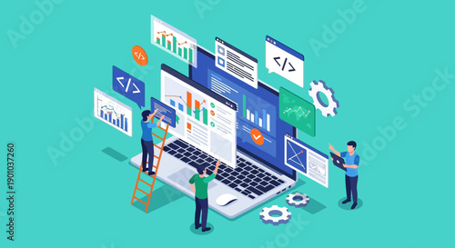 Team of developers working on a large laptop with coding elements and data visualization.