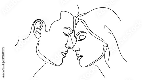 romantic couple faces touching, love line art