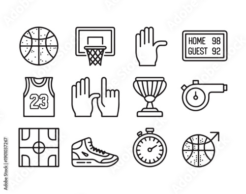 Basketball icon set featuring hoop jersey scoreboard trophy whistle and ball outline vector symbols