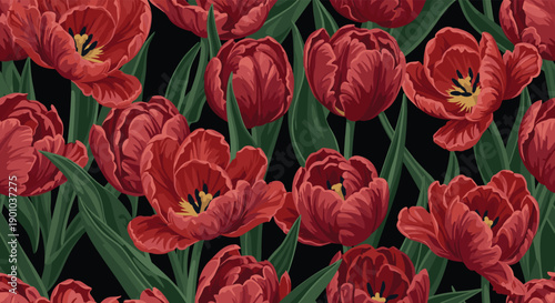 Dramatic seamless floral pattern featuring deep red, fully bloomed tulips and lush green leaves creating a vibrant display on a solid black background.
