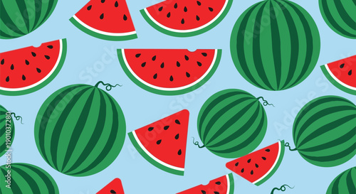 Colorful watermelon slices and whole fruits pattern on light blue background.