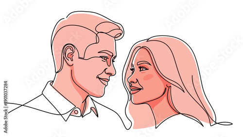 smiling couple faces, man and woman looking at each other
