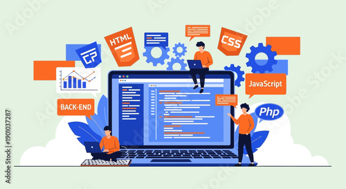 Programmers working on coding project with various programming languages.