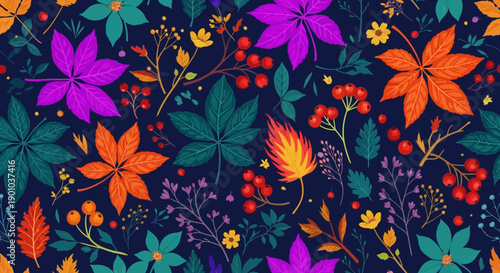 Vibrant floral pattern with colorful leaves and berries.