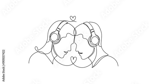 couple wearing headphones, love