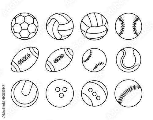 Sports balls collection featuring soccer volleyball baseball rugby tennis and bowling vector icons