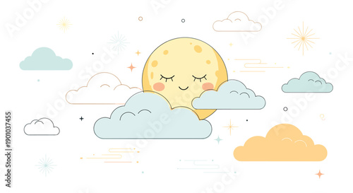 Cute and dreamy illustration of a sleeping cartoon moon with blushing cheeks, surrounded by pastel clouds and sparkling stars on a white background.