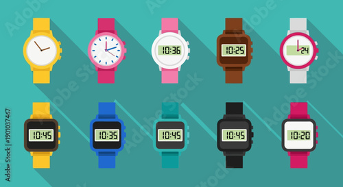 Collection of digital watches in various colors and designs.