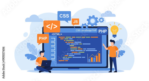 Web development concept with coding and programming elements.
