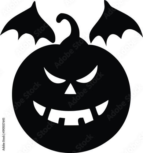 A spooky black-and-white jack-o'-lantern with bat wings design for halloween decoration and festive illustration