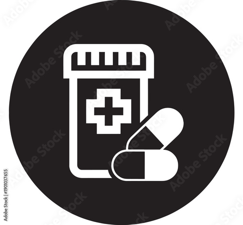 Medicine prescription bottle icon with capsule pills and medical cross symbol, black and white flat glyph in round circle, pharmacy drug sign for healthcare app UI