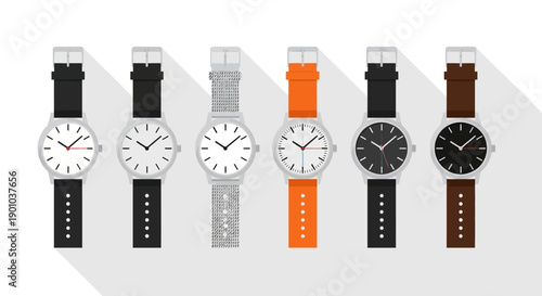Collection of modern wristwatches with different colored straps and faces.