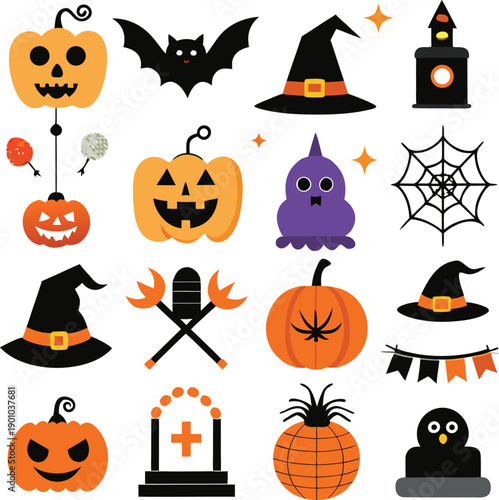 Vibrant halloween-themed icons showcasing classic spooky symbols and festive decorations