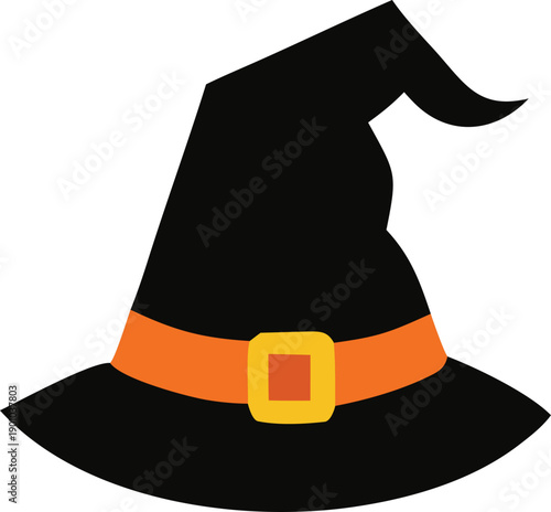 A stylized black witch hat with vibrant orange band and yellow buckle for festive halloween decoration